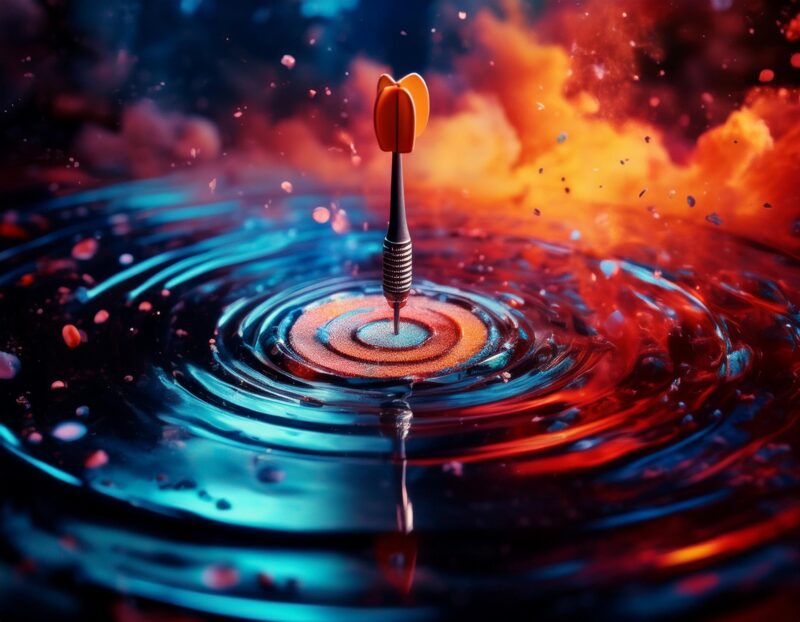 Firefly Precision targeting, dart hitting the bullseye amidst concentric ripples on a water surface,